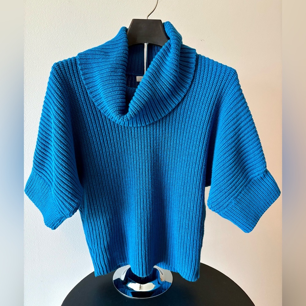Chico’s Gorgeous Bright Blue Ribbed Cowl Neck Sweater, Dolman Sleeves Sz 0